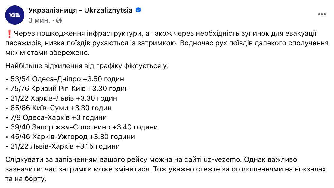 В Украине зафиксированы задержки поездов из-за ночных ударов qittiqzuidzukmp